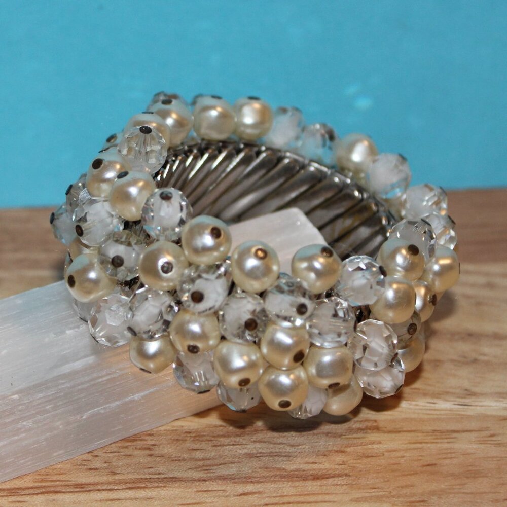 Vintage 1950s Crystal Faux Pearl Expansion Bracelet